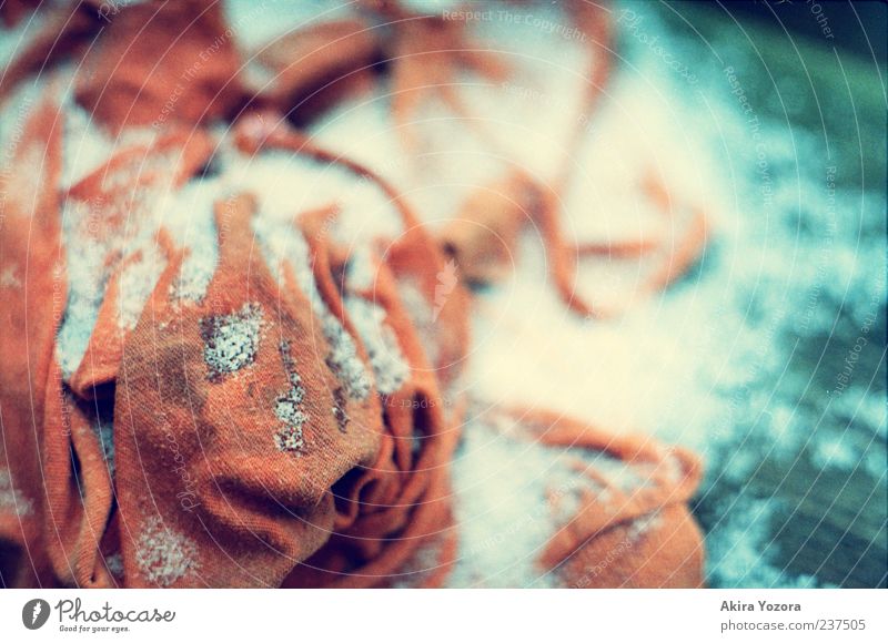 Remnants of winter Winter Ice Frost Snow Cloth Wood Cold Blue Brown White Orange Colour photo Exterior shot Close-up Detail Deserted Copy Space right Blur