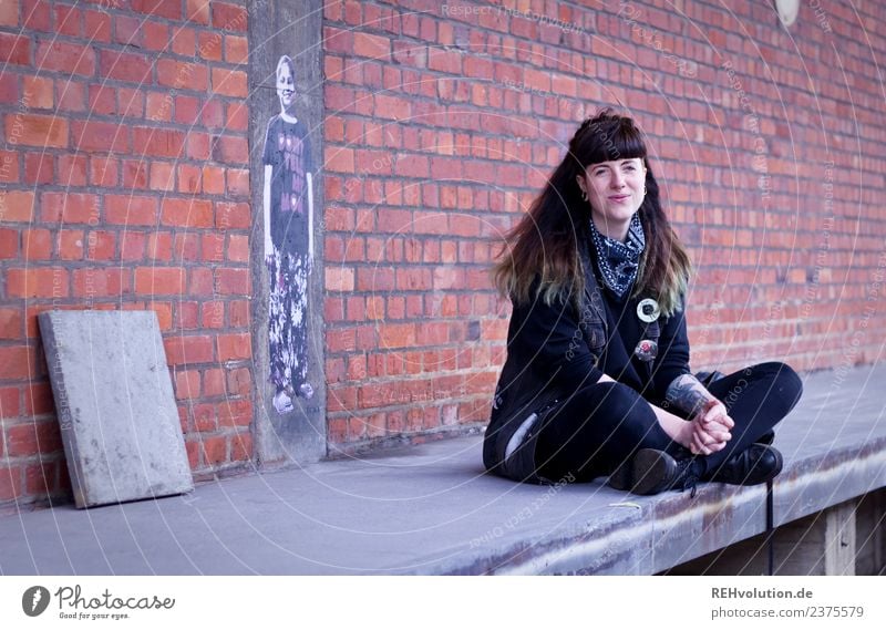 Carina - sits in front of a wall Woman Youth (Young adults) Young woman 18 - 30 years Youth culture Adults Town Industrial plant Sit Long-haired Brunette