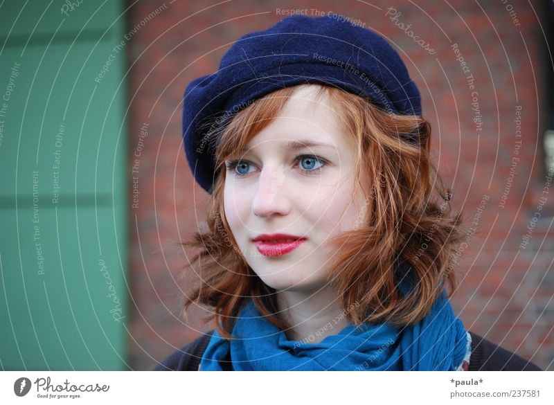 Something Style Lipstick Feminine Young woman Youth (Young adults) Head 18 - 30 years Adults Wall (barrier) Wall (building) Scarf Hat Red-haired Curl Observe