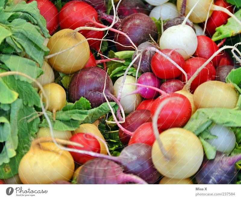 Coloured balls Food Vegetable Nutrition Organic produce Vegetarian diet Fresh Delicious Multicoloured Radish Tangy Farmer's market Vegetable market Greengrocer