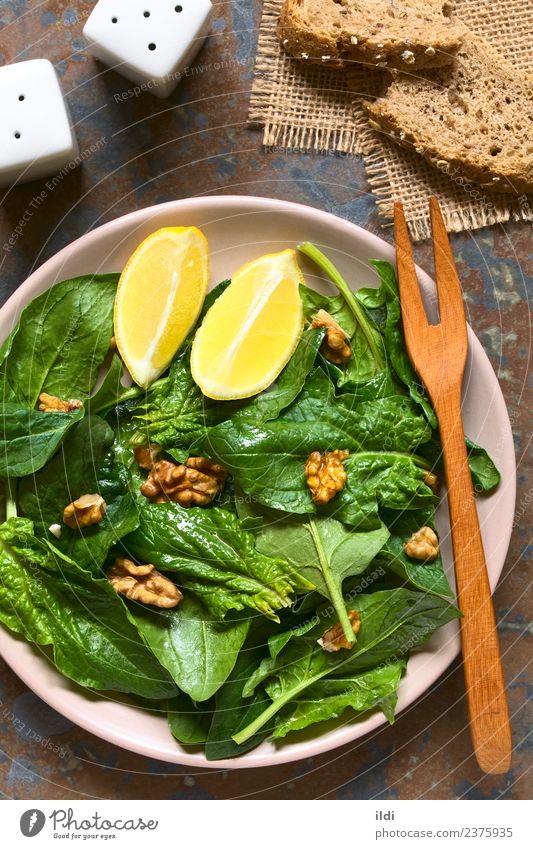 Spinach and Walnut Salad Vegetable Nutrition Vegetarian diet Diet Fresh Natural Green food walnut Raw Vegan diet healthy Dish Snack Lemon Wedge served Vertical