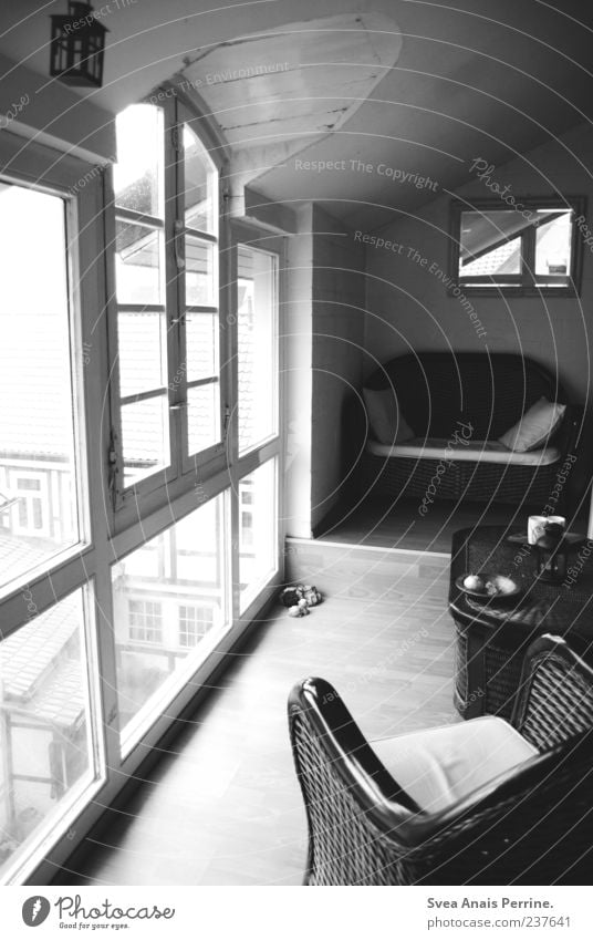 Window to the soul. Sofa Armchair Table Mirror Flat (apartment) Hallway Wooden floor Relaxation Homesickness Calm Pane Black & white photo Interior shot