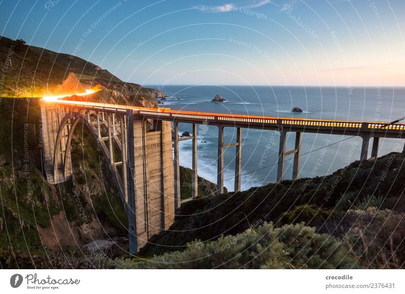 Bixby Creek Bridge Highway One California Art deco Twilight Ocean Pacific Ocean Coast Concrete Beach Car Transport Night Tracer path Vacation & Travel road trip