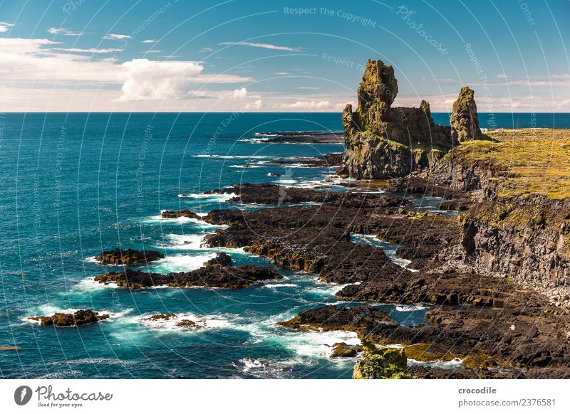 Iceland IV Cliff Moss Lichen Mountain Lava Green Panorama (View) Panorama (Format) Hiking Vantage point Peak Far-off places Ocean Atlantic Ocean Water Rock