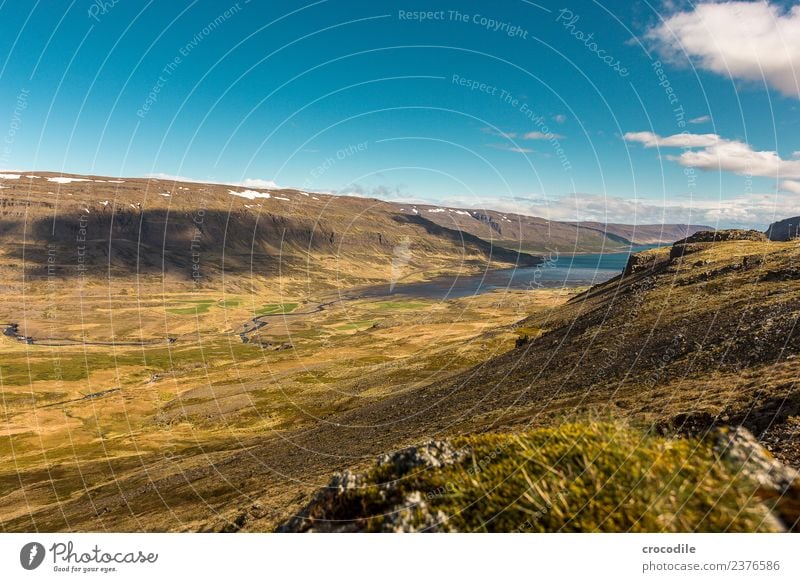 Iceland VIII Fjord Belt highway Mountain Lava Green Panorama (View) Panorama (Format) Hiking Vantage point Far-off places Ocean Atlantic Ocean Water Rock