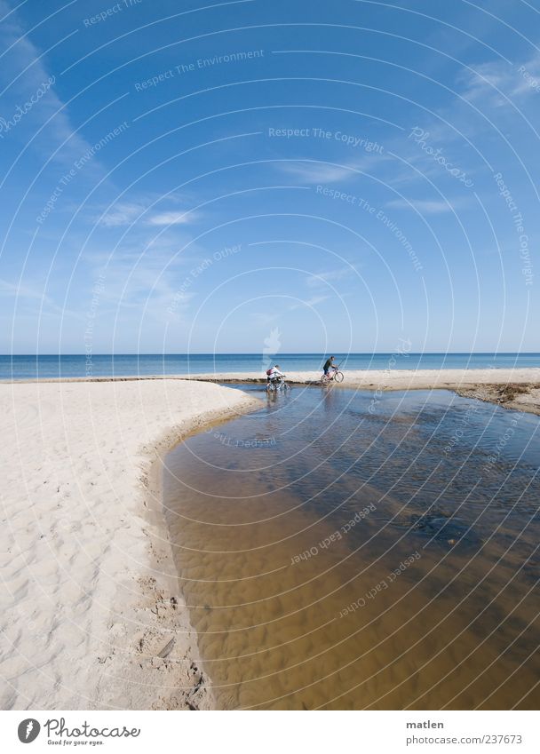 seafarers Trip Cycling tour Summer Beach Ocean Human being 2 Landscape Sand Water Sky Clouds Beautiful weather Coast River bank Baltic Sea Relaxation Bright