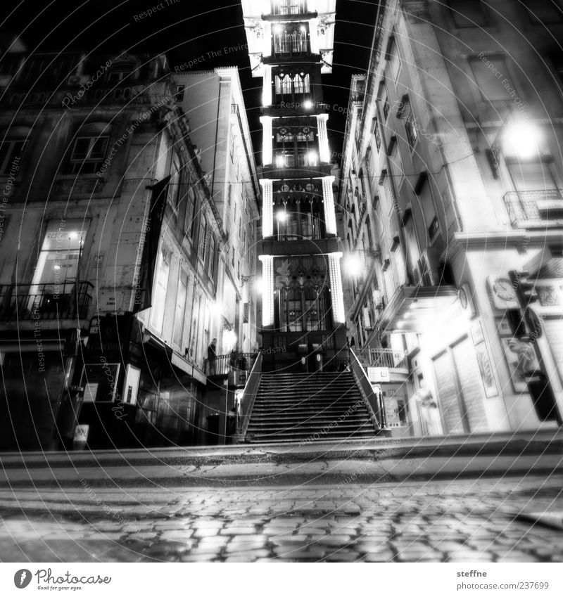 lurp imitate Lisbon Portugal Old town Deserted Tourist Attraction Landmark Santa Justa Lift Town Alcohol-fueled Stagger Cobblestones Black & white photo