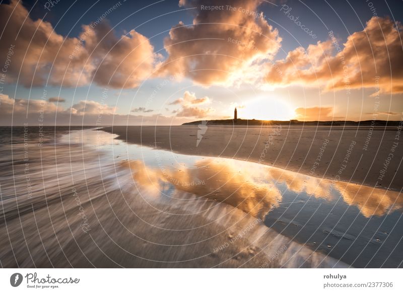 dramatic sunrise over North sea coast with lighthouse, Texel Sun Beach Ocean Island Nature Landscape Sky Clouds Horizon Sunrise Sunset Beautiful weather Coast