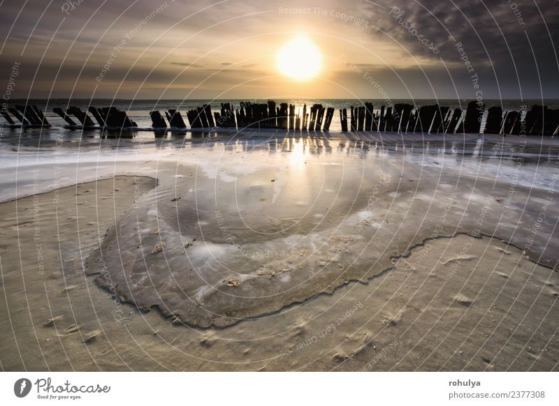 frozen waves by breakwater at sunset, IJsselmeer, Netherlands Sun Beach Winter Landscape Sky Horizon Sunrise Sunset Coast Lake Wood Illuminate ice Frozen cold