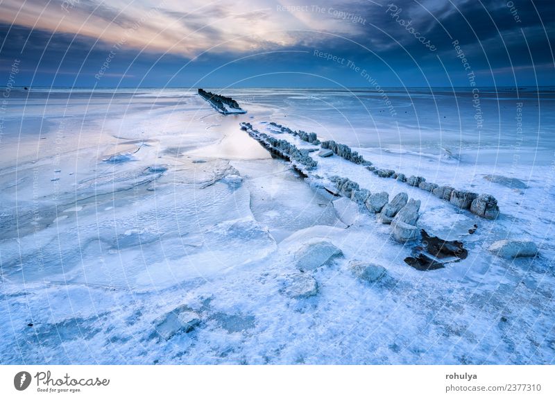 frozen breakwater in ice on Ijsselmeer lake, Netherlands Vacation & Travel Ocean Winter Nature Landscape Sky Clouds Horizon Weather Wind Ice Frost Coast Lake