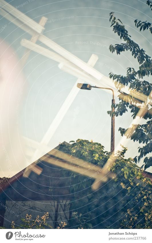 Garden arbor/wooden poles Nature Sky Blue Green Emotions Esthetic Contentment Double exposure Montage Lamp Street lighting Barn Gardenhouse Tree Leaf Wood Stick