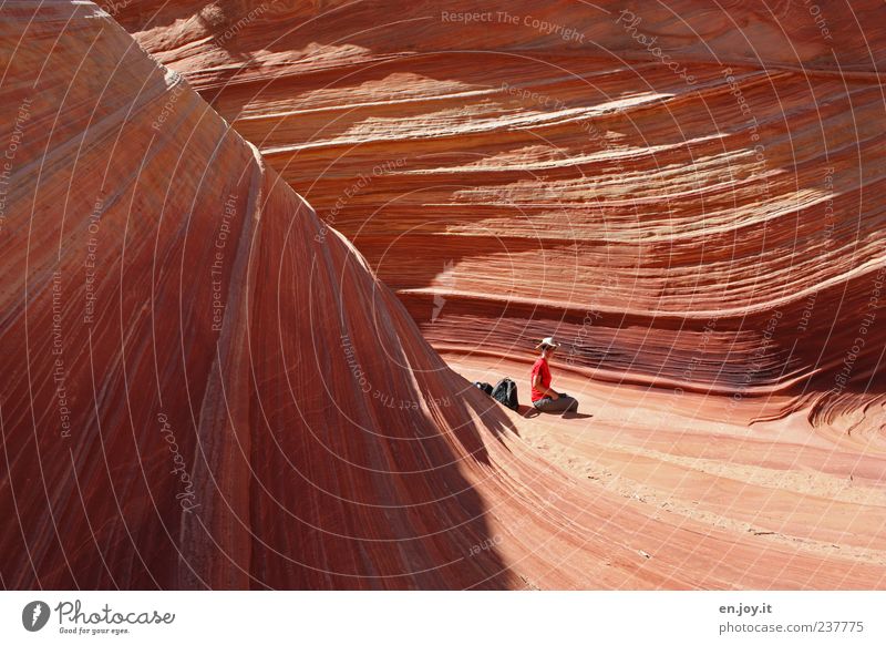 wonder of nature Vacation & Travel Adventure Woman Adults 1 Human being Nature Rock Canyon Desert Sit Exceptional Orange Joie de vivre (Vitality) Wanderlust