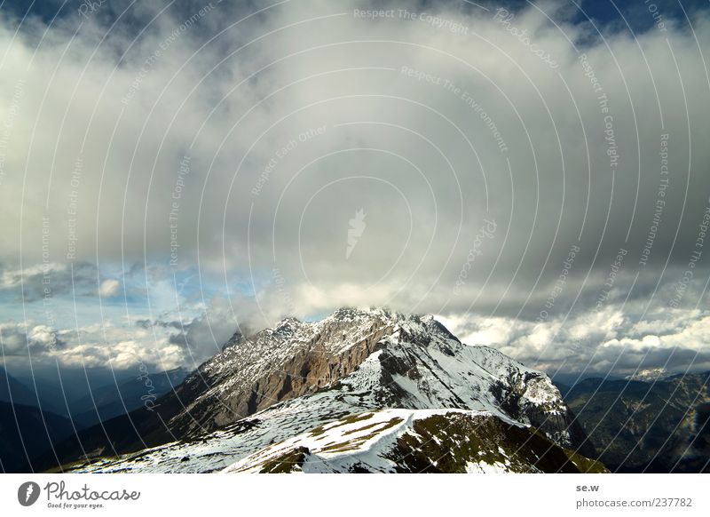 skyrocketers Sky Clouds Summer Autumn Snow Rock Alps Mountain Chalk alps Karwendelgebirge Peak Snowcapped peak Blue Gray Calm Relaxation Perspective