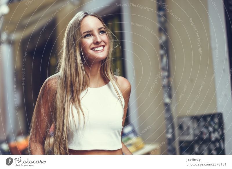 Young woman smiling in urban background. Lifestyle Elegant Style Happy Beautiful Hair and hairstyles Summer Human being Feminine Youth (Young adults) Woman