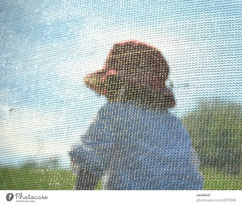 Mosaic of life Child Girl Infancy 1 Human being 3 - 8 years Painting and drawing (object) Nature Landscape Sky Sunlight Shirt Hat Jump Blue Gray Green White