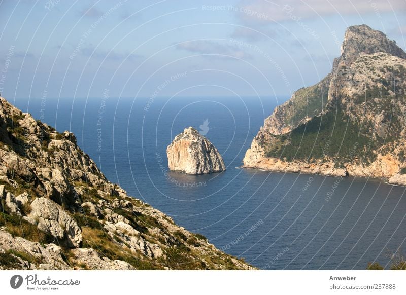 Cape Formentor on Malle Environment Nature Landscape Sky Horizon Summer Beautiful weather Plant Hill Rock Mountain Tramuntana Bay Ocean Mediterranean sea Island