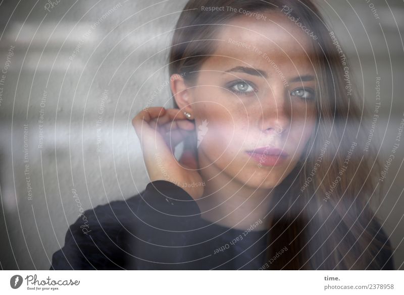 young woman at the window Room Feminine Young woman Youth (Young adults) 1 Human being Window Sweater Blonde Long-haired Observe Think Looking Wait Dark pretty