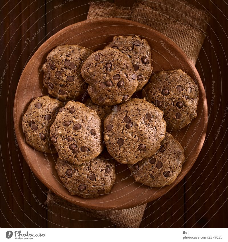 Double Chocolate Chip Cookies Food Dessert Candy Breakfast Dark Brown cookie biscuit Home-made Baking sweet cake Snack American Rustic overhead Top quadratic