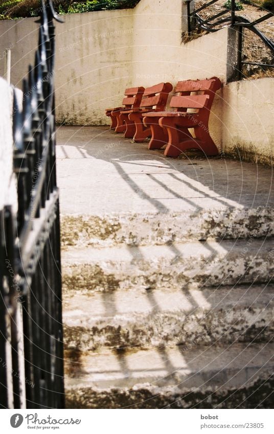 Have a seat! Wood Shadow Red Beige Calm Europe Bench Stairs Gate mediaterran Wait Relaxation