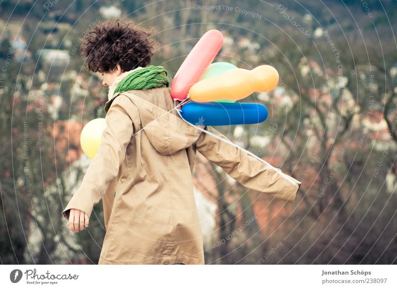 young woman with balloon on the mountain at a city Lifestyle Joy Human being Young woman Youth (Young adults) 1 18 - 30 years Adults Dream Emotions Contentment