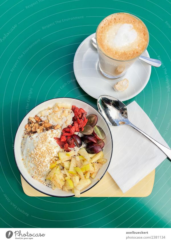 Breakfast Bowl and Latte Macchiato Fruit Nutrition Beverage Hot drink Coffee Latte macchiato Lifestyle Healthy Eating breakfast bowl Café Cereal Vegan diet