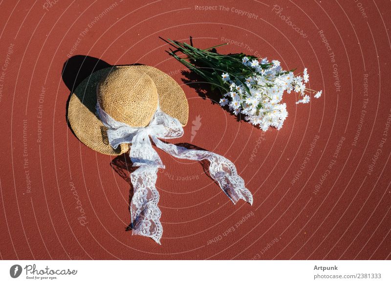 A laced hat and a bouquet of flowers Lace Hat Bouquet Flower Daisy Victorian style Clay Concrete Fashion Exterior shot Afternoon Sunset Shadow Minimalistic