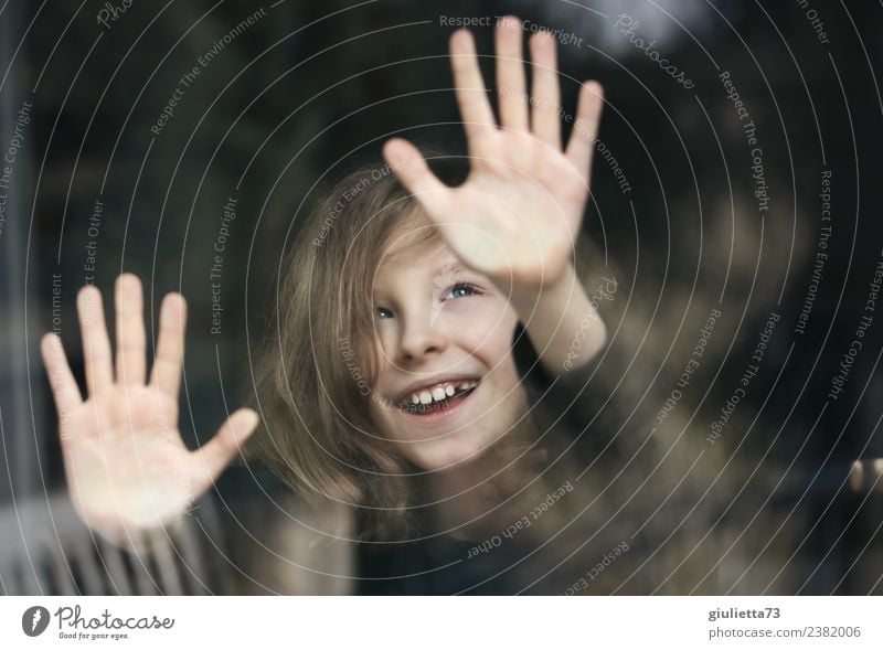 It's children's day today! | Portrait of a laughing boy at the window Child Boy (child) Infancy Hand 1 Human being 8 - 13 years Long-haired Curl Smiling