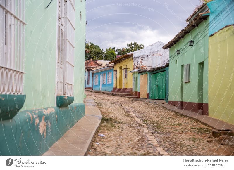 gas Town Downtown Old town Blue Brown Multicoloured Yellow Gray Green Black Turquoise White Street Paving stone Building Window Door Cuba Trinidade Colour photo