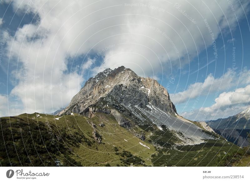 Aufi! Sky Clouds Summer Beautiful weather Rock Alps Mountain Chalk alps Karwendelgebirge Peak Alpine pasture Gigantic Blue Green Calm Vacation & Travel