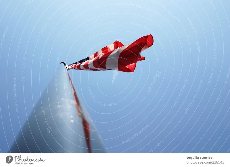 ensign in the wind Sign Flag Americas USA American Flag Ensign Blue Red Silver White Colour photo Exterior shot Deserted Copy Space right Neutral Background Day