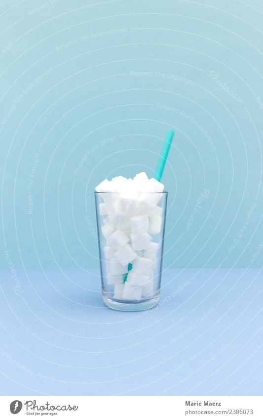 Sugar in drinks - glass full of sugar cubes Beverage Lemonade Glass Straw Drinking Gigantic Sweet Blue White Vice Thirst Gluttony Debauchery To enjoy Healthy