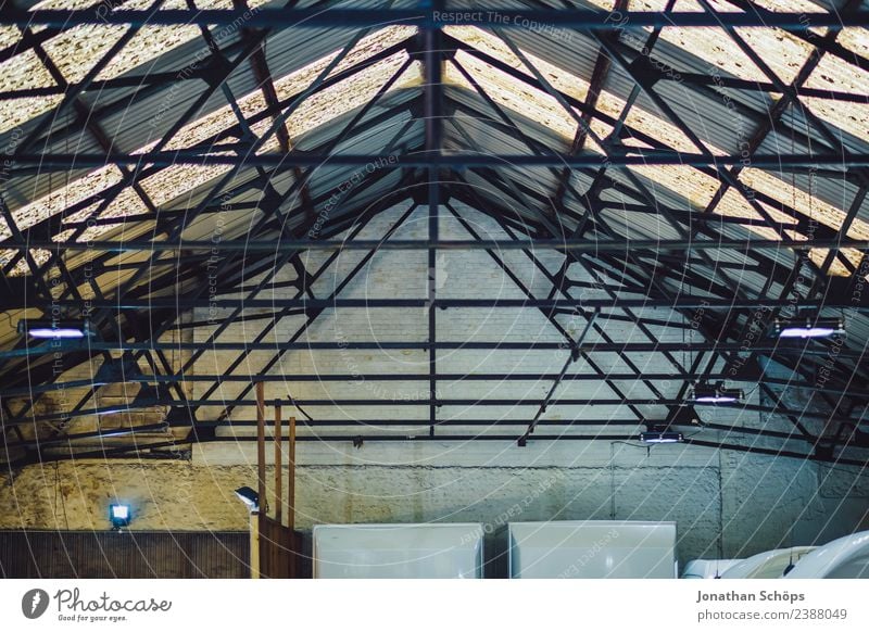 Industrial hall roof from below Brighton, England Town Building Roof Retro Glass Glass roof Background picture Structures and shapes Lamp Hall Warehouse Ceiling