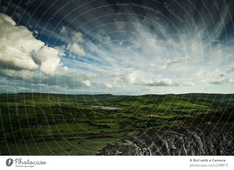 As in the Shire Environment Nature Landscape Sky Clouds Spring Summer Field Hill Lake Exceptional Fresh Blue Green Idyll England Derbyshire Wild Subdued colour