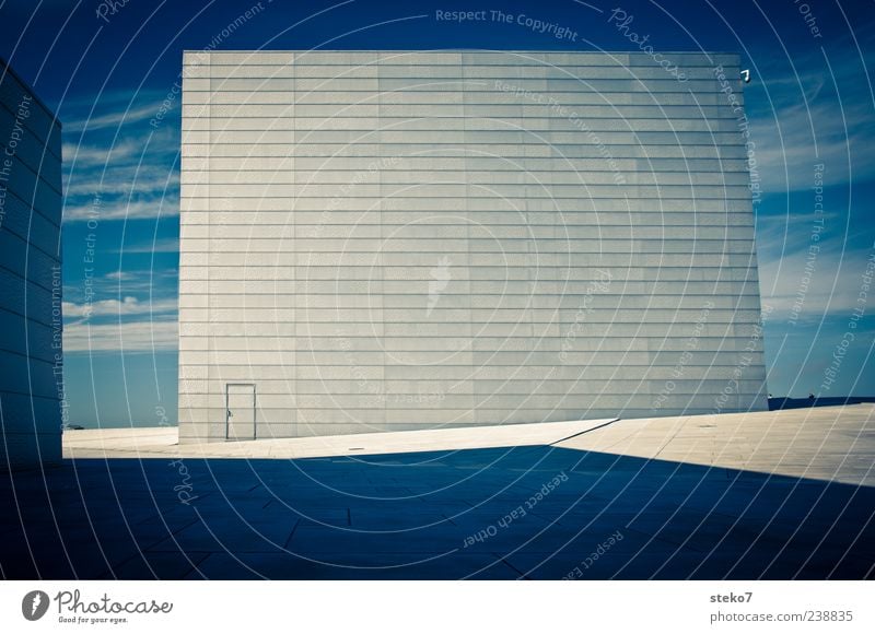 sky door Wall (barrier) Wall (building) Facade Door Landmark Sharp-edged Modern Blue White Norway Oslo Opera house Marble Colour photo Exterior shot Deserted