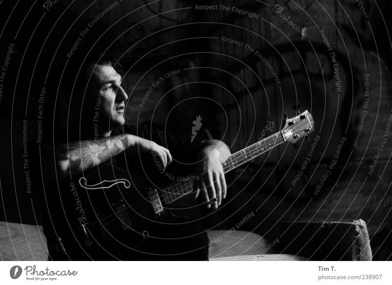 Guitar man Human being Man Adults Head 1 30 - 45 years Rockabilly Music Singer Dream Black & white photo