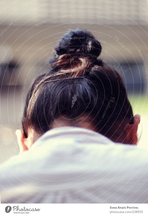 Dutt. Feminine Head Hair and hairstyles 1 Human being Black-haired Brunette Braids Chignon Sadness Concern Grief Ear Young woman Colour photo Subdued colour