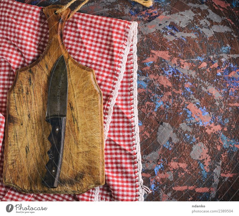 old brown wooden cutting board Knives Design Kitchen Wood Old Natural Above Retro Brown Red White knife Napkin Plank utensil Towel Object photography empty food