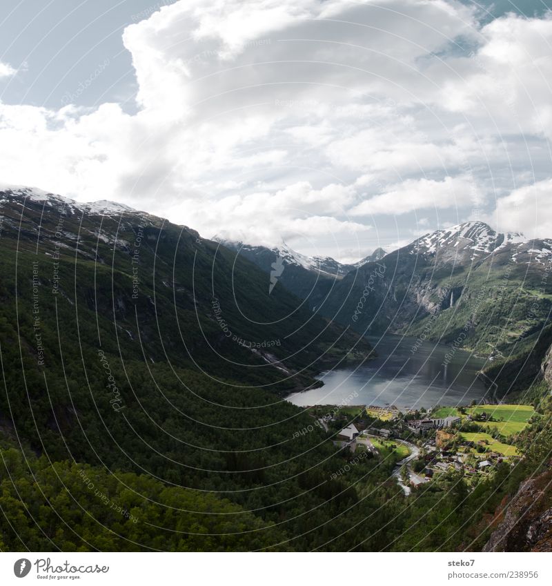 fjordic Clouds Forest Snowcapped peak Coast Fjord Village Natural Blue Green Norway Geirangerfjord Vacation & Travel Colour photo Exterior shot Deserted