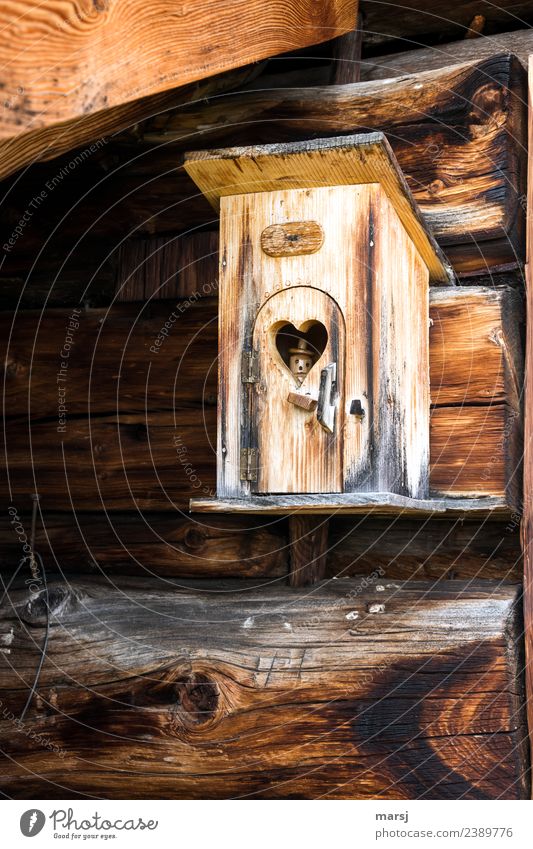 OCCUPIED. Decoration Kitsch Odds and ends Hut Roof beams Heart Wood Uniqueness Funny Brown Creativity Fill Figure wooden figures heart window Weathered Old