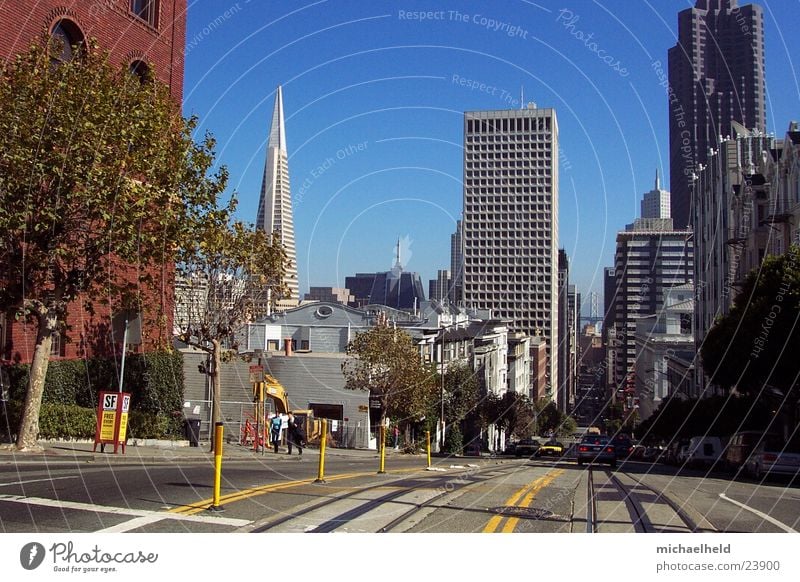 San Francisco Tram Railroad tracks High-rise North America Mixture Trans America Building house corner gorge of houses