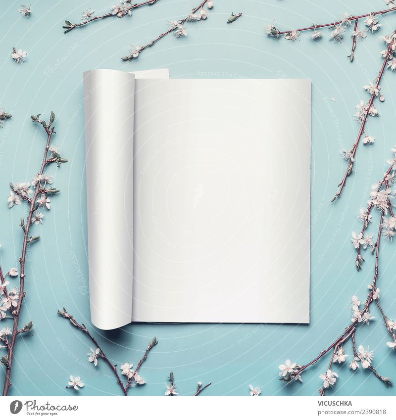 Open magazine or catalog on light blue, mock up Style Design Education Office Business Media Print media Newspaper Magazine Spring Leaf Blossom Beautiful