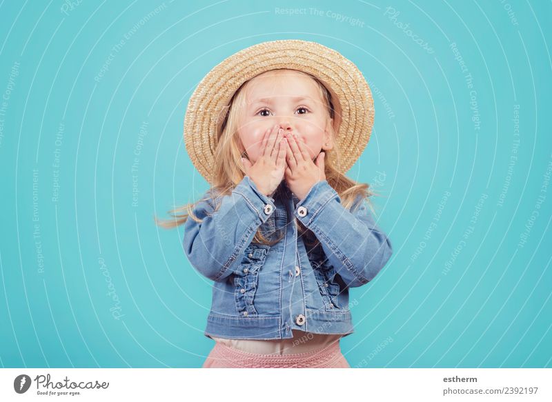 happy and smiling baby with hat on blue background Lifestyle Joy Vacation & Travel Adventure Freedom Human being Feminine Baby Girl Infancy 1 3 - 8 years Child