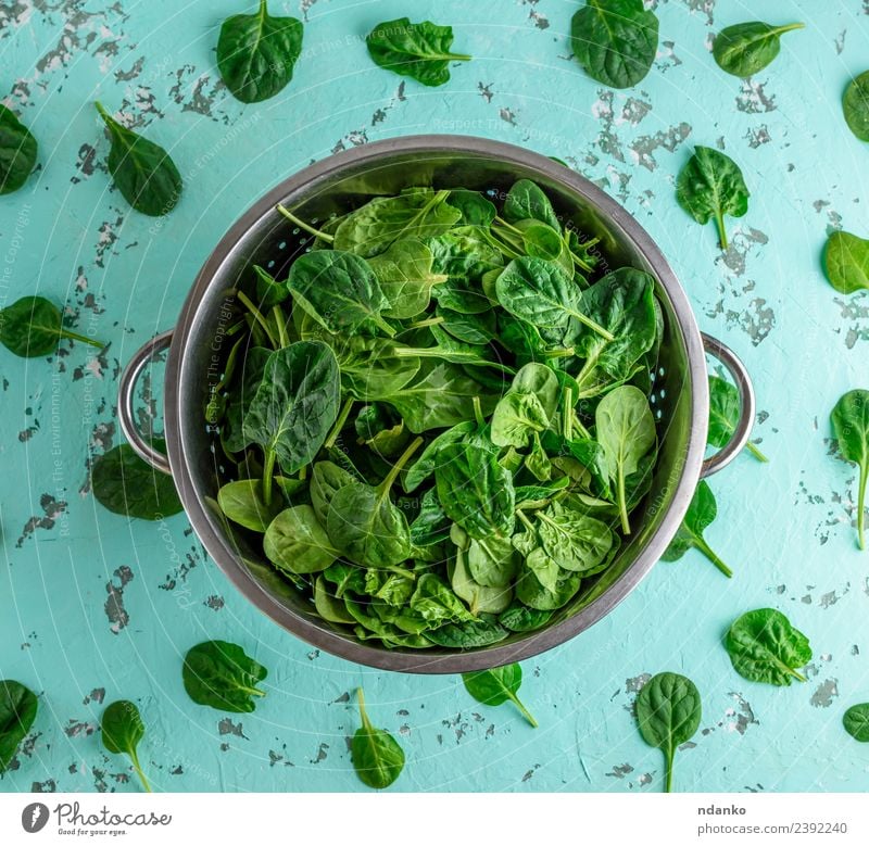 spinach leaves in an iron colander Vegetable Vegetarian diet Plate Healthy Eating Table Nature Plant Leaf Sieve Fresh Natural Above Green Health care Spinach