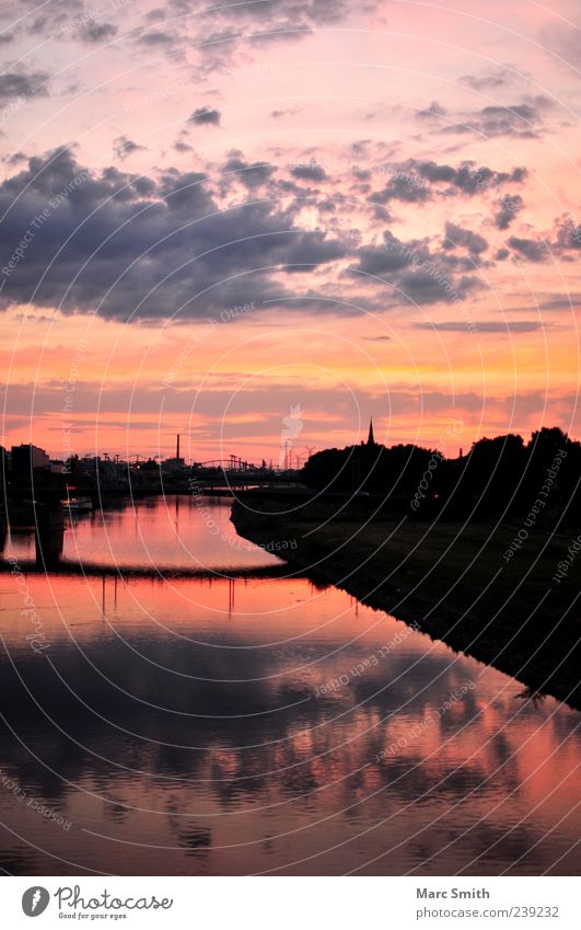 Soul of Dawn Sky Clouds Sunrise Sunset River bank Skyline Populated Industrial plant Bridge Eternity Environmental pollution Colour photo Exterior shot Evening