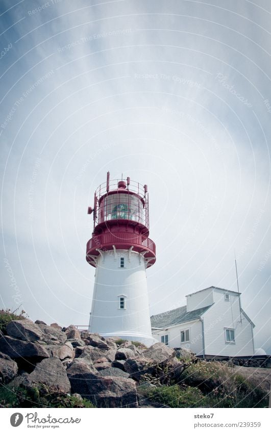 Red Steps Tower Coast House (Residential Structure) Lighthouse Blue White Safety Norway Vacation & Travel Colour photo Exterior shot Deserted Copy Space top Day