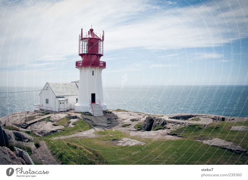 South Cape Sky Coast Ocean Deserted House (Residential Structure) Lighthouse Blue Green Red White Horizon Safety Far-off places Norway Vacation & Travel