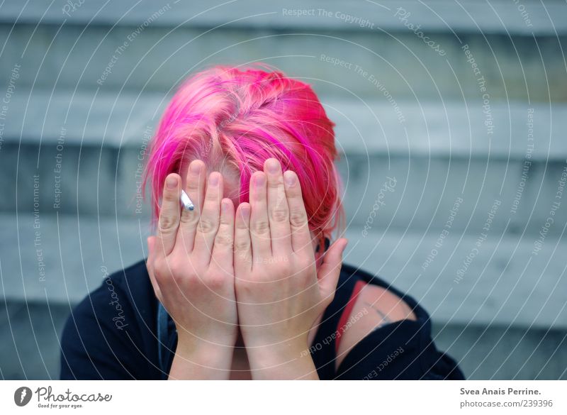 Smoke, smoke. Hair and hairstyles Face Arm Hand 1 Human being 18 - 30 years Youth (Young adults) Adults Stairs Sweater Red-haired Braids Punk Smoking