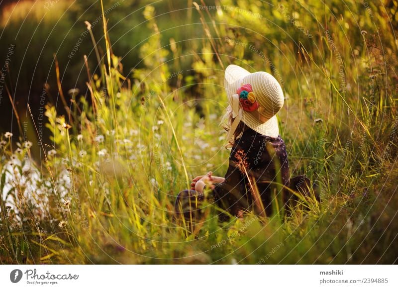 dreamy child girl on summer walk Lifestyle Playing Vacation & Travel Summer Child Infancy Nature Warmth Forest Pond River Hat Dream Happiness Natural Green