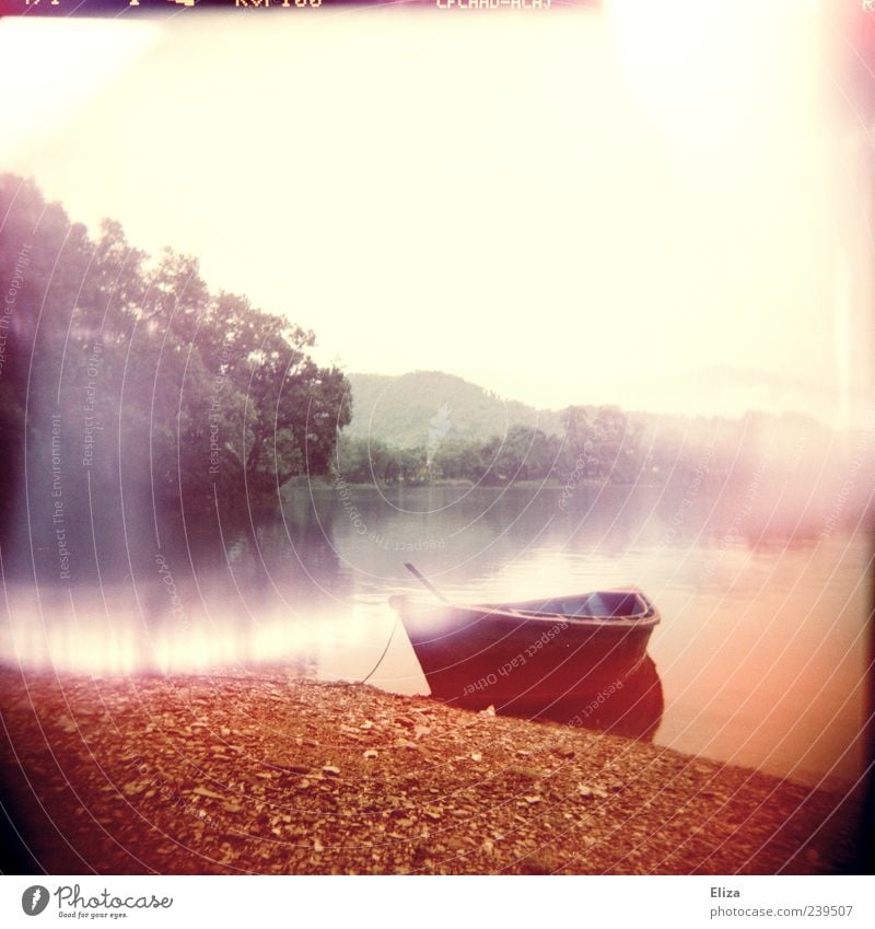 Once upon a time ... Water Fog Tree Lakeside Fantastic Mystic Light leak Rowboat Multicoloured Exterior shot Lomography Holga Deserted Copy Space top Sunbeam