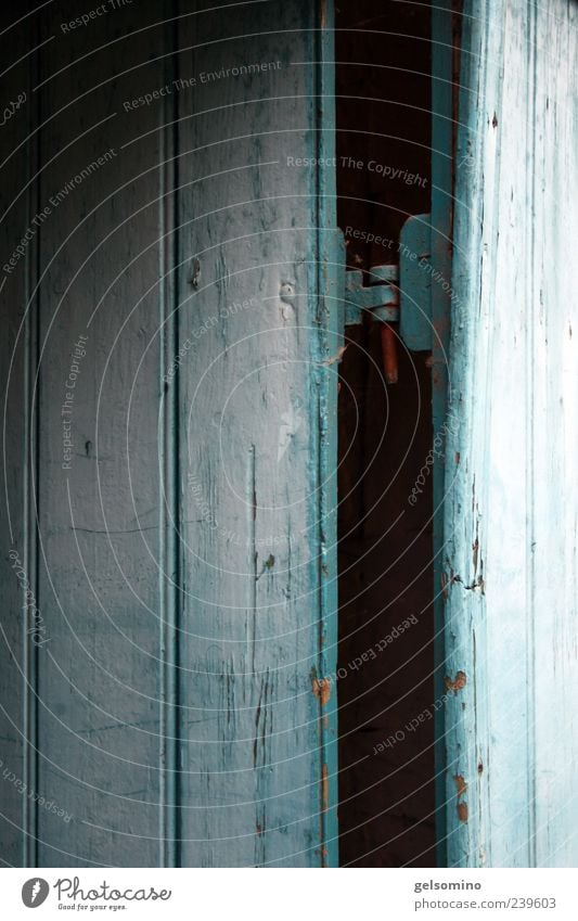 spin Door Wood Ancient Old Dark Firm Blue Colour photo Exterior shot Hinge Wooden door Rustic Copy Space bottom Copy Space left Deserted